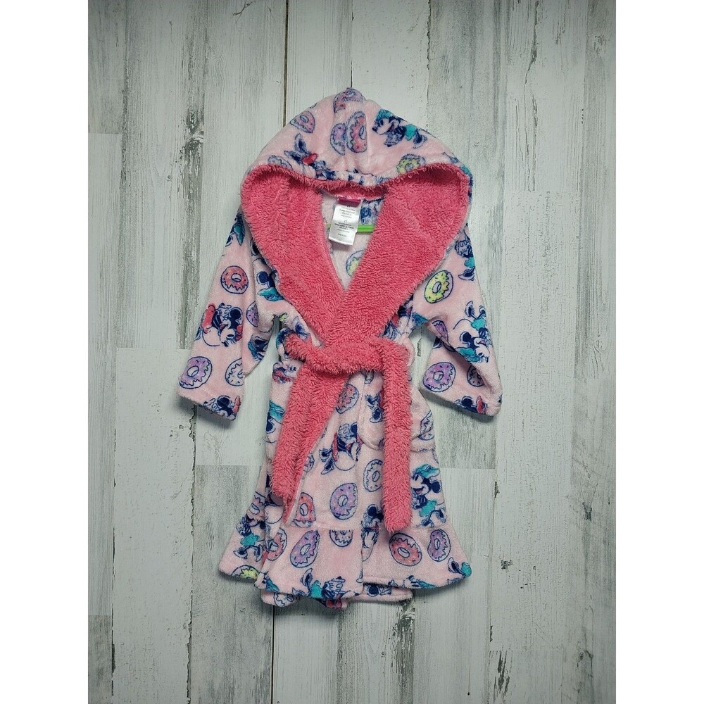Disney 2T Girls Minnie Mouse Donuts Pink Robe Soft Plush Fleece Hooded